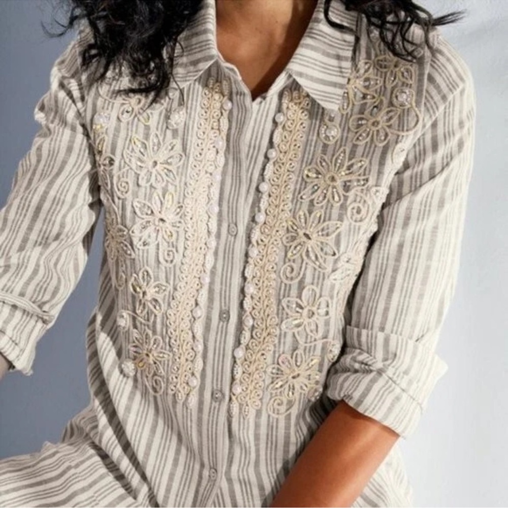 NWOT Soft Surroundings Perla Striped Embroidered Sequins Tunic Blouse Women’s Lg